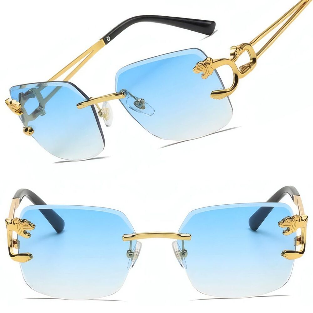 Luxury Look Rich Rimless Diamond Cut Blue Lens Hip Hop Style Gold Eye Glasses